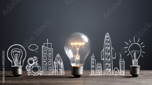 Creative concept of innovation and technology with glowing light bulbs and city icons perfect for startup business and idea generation ads