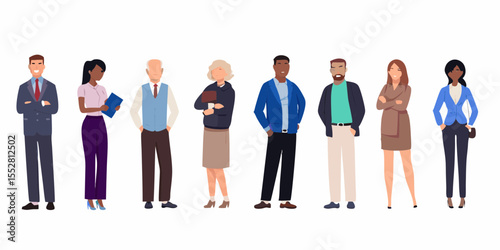 Diverse group of business professionals standing together against a white background