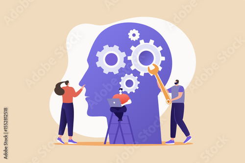 Team of people working on gears inside a human head representing teamwork and problem solving
