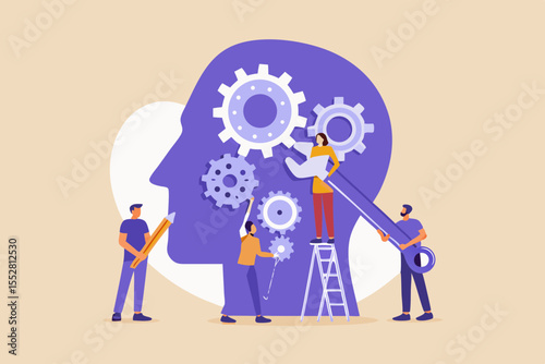 Teamwork and collaboration building a complex idea within a human head