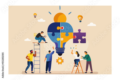 Diverse team collaborates building a giant puzzle lightbulb symbolizing innovation and ideas