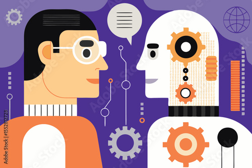 Human and robot facing each other with communication and technology elements