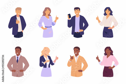 Diverse group of business professionals giving thumbs up and smiling