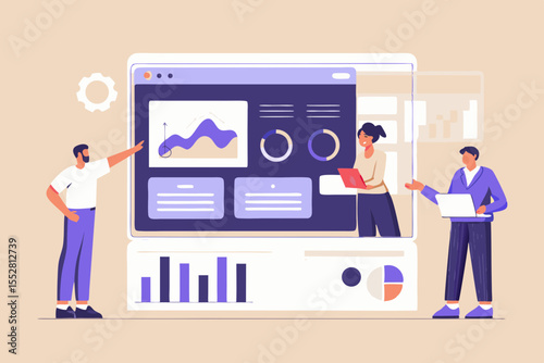 Team collaborating on a digital dashboard with data visualization and analytics