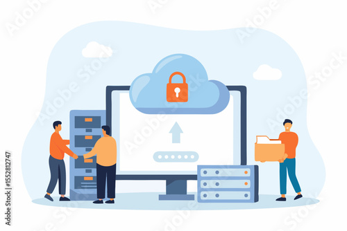 People managing secure cloud storage and data transfer with servers and files