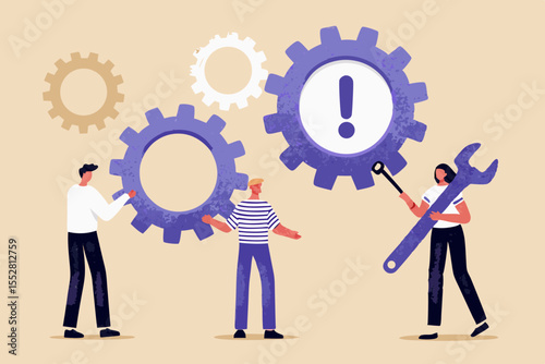 Teamwork and problem solving with gears and tools illustration