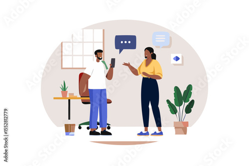 Two colleagues discussing work while looking at a mobile phone in an office setting