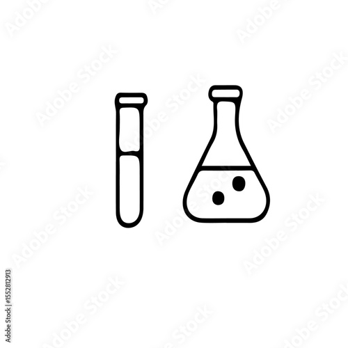 A simple drawing of a test tube and a flask with liquid inside on white background