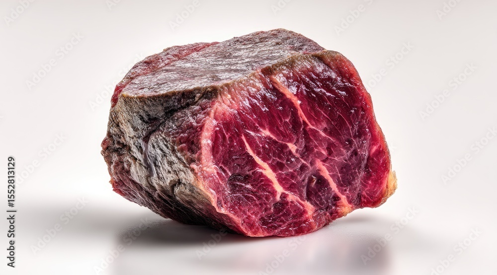 Fototapeta premium A roughly-hewn, dark-red beef cut, possibly frozen, sits on a stark white surface. Its irregular shape and slightly dry exterior are visible. The meat's marbling is subtly apparent