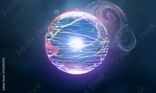 Abstract Glowing Globe with Energy Trails and Particle Effects in a Dark Space