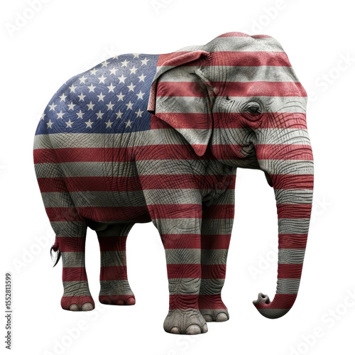 An elephant adorned with the american flag, representing political themes, patriotism, or the republican party in the united states.