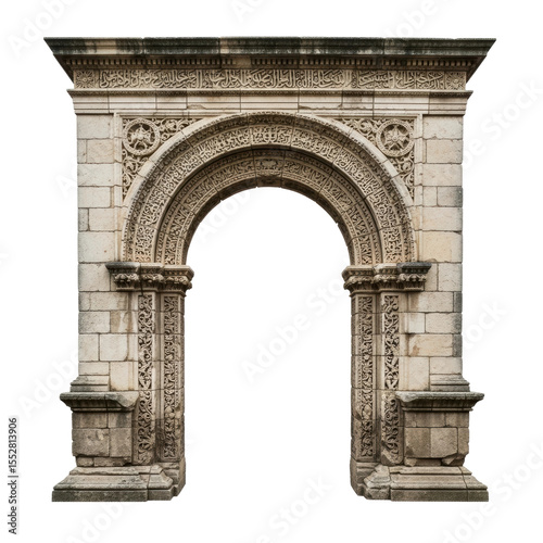 A detailed view of a historic stone archway featuring intricate islamic carvings and calligraphy. Ideal for historical, architectural, or cultural design projects.