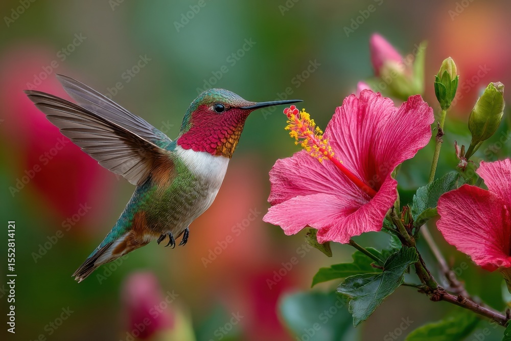 Naklejka premium A vibrant hummingbird hovers near a bright pink hibiscus flower, extracting nectar in a sunny garden filled with greenery