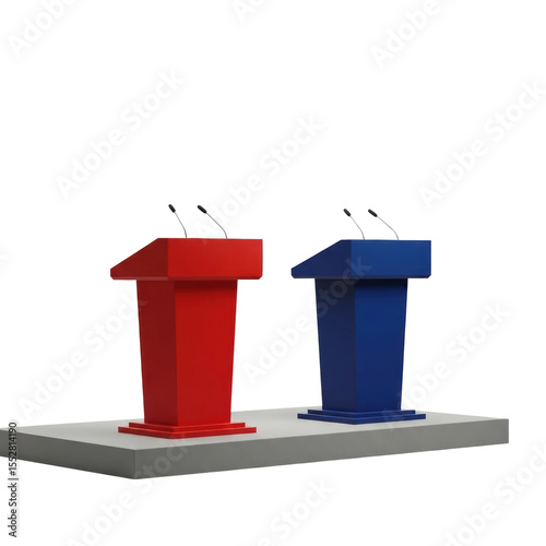 Two distinct podiums, one red and one blue, each equipped with microphones, stand on a platform, symbolizing political debate, public speaking, or important discussions.