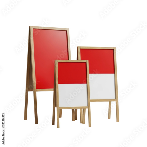 A set of three wooden a frame signs, one solid red and two with red and white bicolored panels, suitable for promotions or information display.