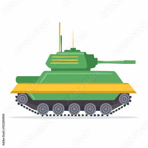 A stylized green and yellow military tank illustration against a white background.