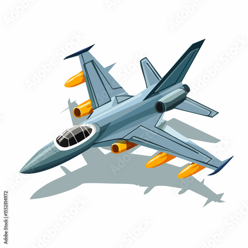 A sleek, grey fighter jet with orange engine details, depicted in a stylized isometric view, casts a shadow.