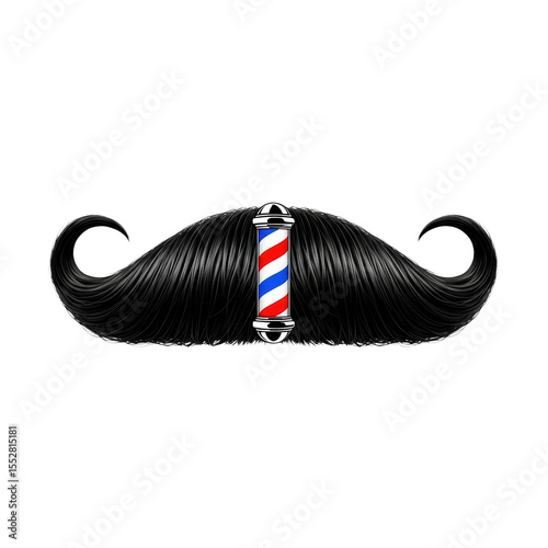 A classic black mustache design featuring a traditional red, white, and blue barber pole. Ideal for barbershop branding or grooming themes.