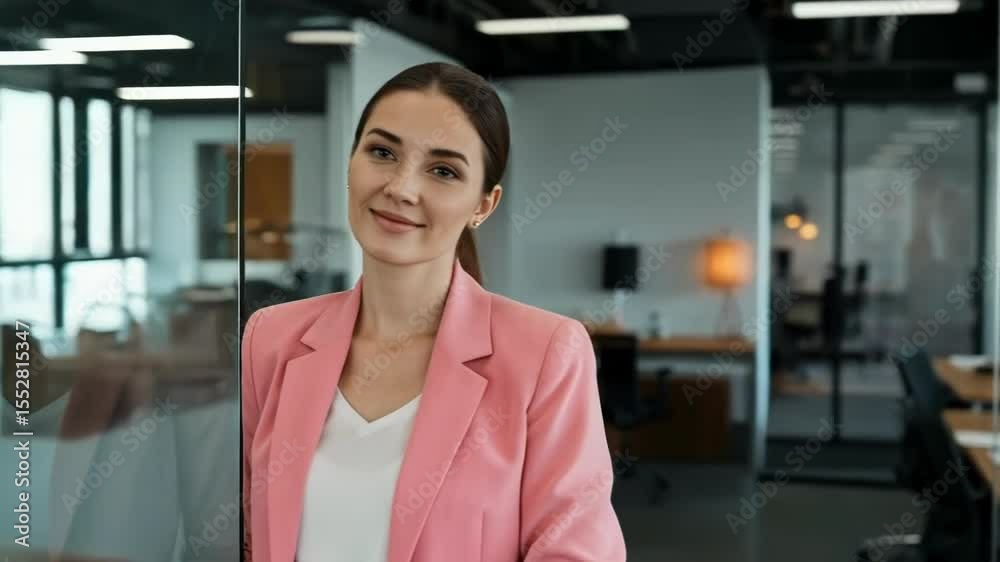 A businesswoman stands in a modern office, thoughtfully looking out the window A businesswoman stands in a modern office, thoughtfully looking out the window