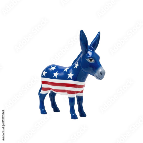 A blue donkey figurine adorned with the american flag design, symbolizing us politics and the democratic party. Ideal for political themes, elections, and patriotism.