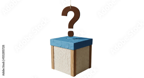 A wooden box with a blue lid and a hanging brown question mark, representing mystery, decision making, or an unknown outcome. Ideal for concepts of choice or surprise.