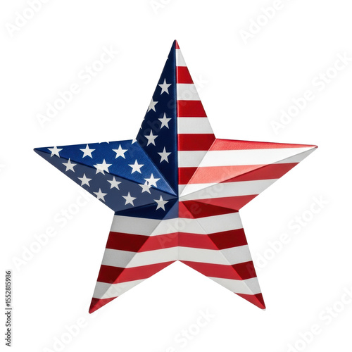 A patriotic star adorned with the american flag design, featuring red and white stripes and a blue field with white stars. Ideal for national celebrations and usa themes.