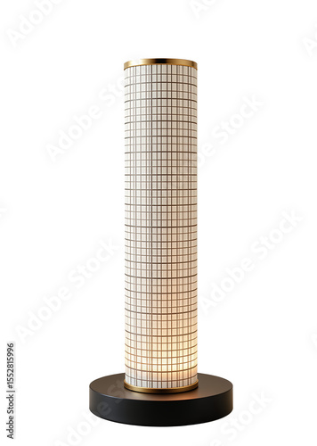 Modern cylindrical table lamp with grid pattern and warm glow
