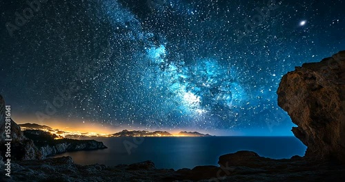 Starry Night Sky Over Coastal Landscape at Dusk