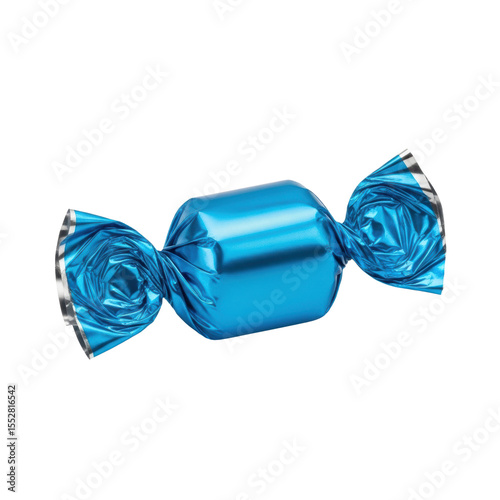 A single piece of candy wrapped in bright blue shiny foil, twisted at both ends, representing a sweet treat or a festive gift.
