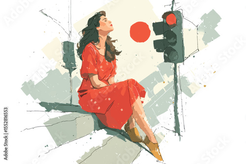 A woman in a red dress sits with eyes closed near a traffic light, radiating calm despite the surrounding city chaos and visual noise.