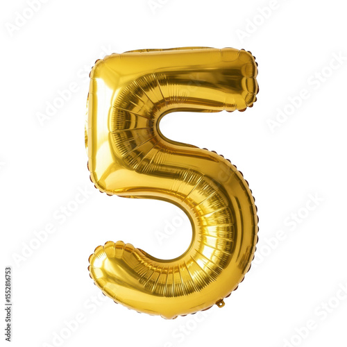A bright golden number 5 foil balloon, perfect for celebrating birthdays, anniversaries, and other special milestones. Ideal for party decorations and graphic design.