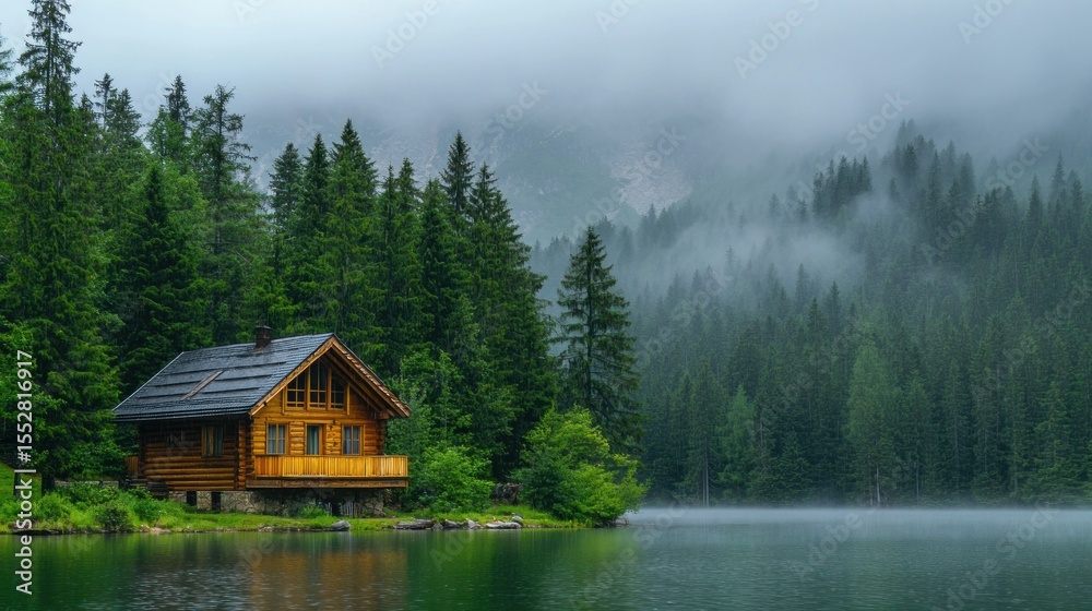 Fototapeta premium Wooden cabin by a misty lake in a lush forest