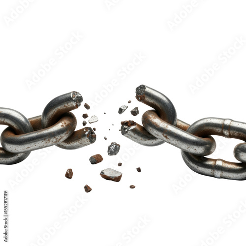 A robust metal chain is shown breaking into pieces, representing concepts of freedom, breaking free from limitations, weakness, and the end of a bond.