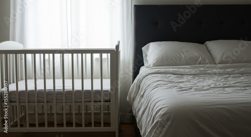 Modern nursery with crib beside unmade bed and bright curtains  