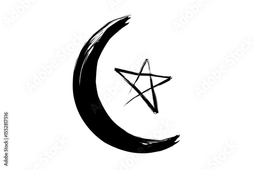 Crescent moon and star icon symbol grunge style on transparent background