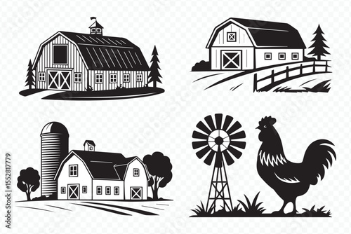 black and white farm vector illustrations featuring barn, silo, windmill and rooster for agricultural and rustic design