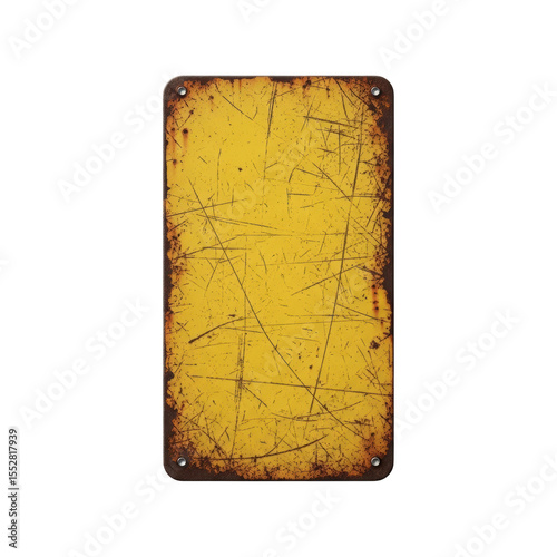 A rectangular yellow metal sign with heavily rusted edges and numerous scratches across its surface, perfect for adding a grunge or vintage texture to designs.