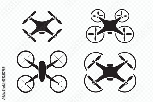 professional quadcopter symbol pack: black silhouette drone vectors perfect for technology, navigation, and robotics