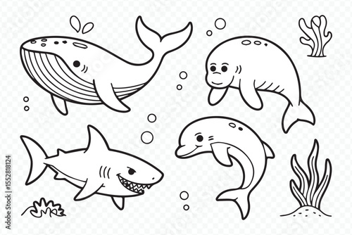 hand-drawn style line art pack of whale, shark, dolphin and ocean animal silhouettes vector