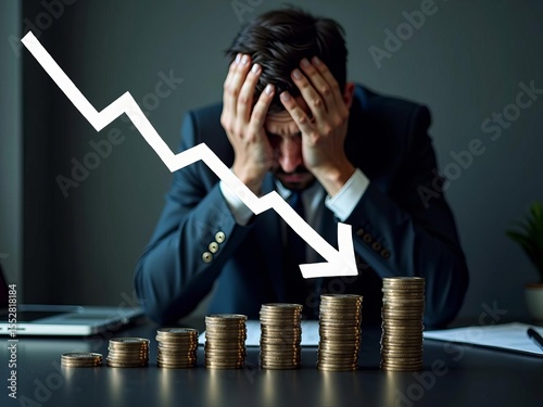 Financial crisis and economic downturn concept with stack of coins, declining graph arrow and stressed businessman in office