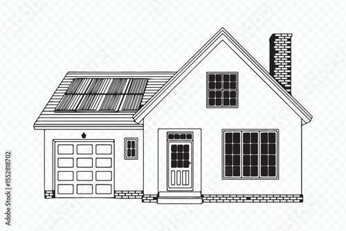 Architectural line drawing of eco-friendly residential building featuring solar panels and garage vector