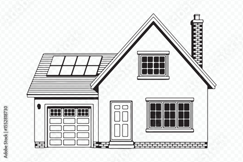 Detailed vector illustration of a sustainable house with solar panels, renewable energy architecture