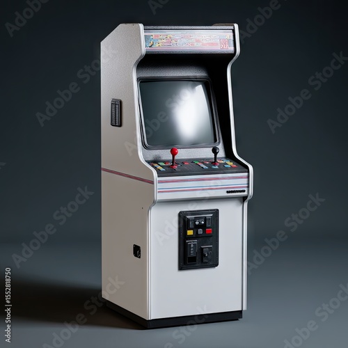 Retro upright arcade game cabinet; off-white with dark gray accents; features a small monitor, joystick, buttons, and coin slot; digitally rendered against a dark background