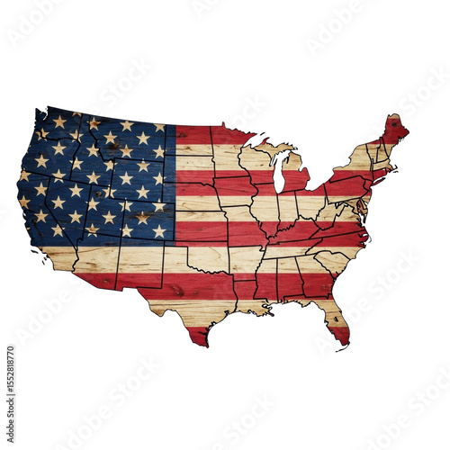 A detailed map of the united states of america featuring a distressed american flag texture and clearly defined state borders. Ideal for patriotic designs, educational materials, or historical themes.
