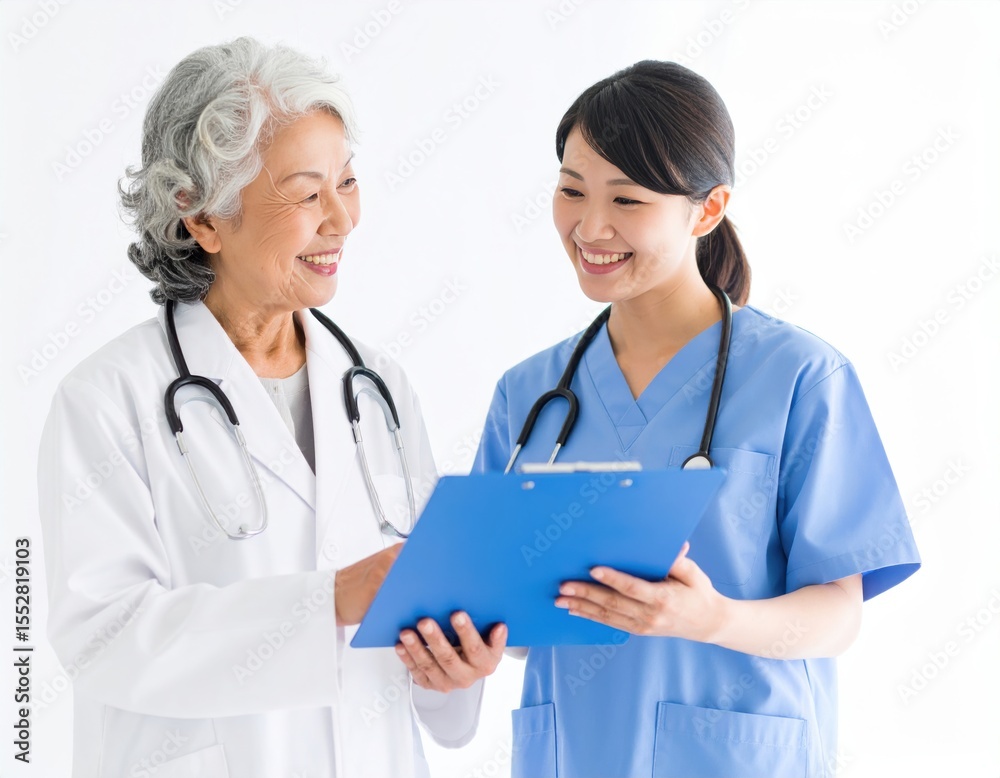 A female doctor and a nurse look at medical records on a tablet with a smile,女性医師と看護師が笑顔でタブレットでカルテを見る A female doctor and a nurse look at medical records on a tablet with a smile,女性医師と看護師が笑顔でタブレットでカルテを見る