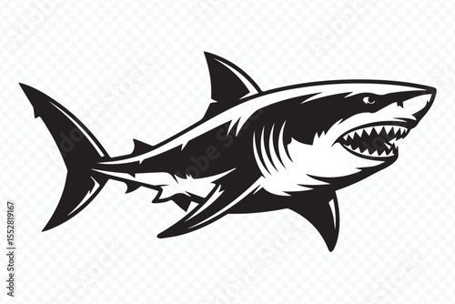 black and white shark vector illustration with dynamic silhouette for marine life and ocean designs