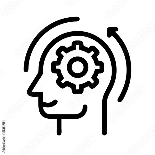 Head with gear and rotating arrow isolated on white background