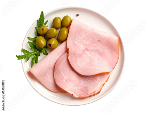 Charcuterie plate with ham steak and olives isolated on white background