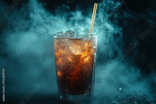 Iced cola in a glass, complete with straw and condensation, with a smoky backdrop. Use this beverage shot to represent parties or refreshing and tasty drinks.
