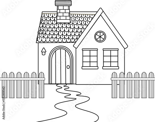 A cozy house with chimney and shingles, surrounded by a small wooden fence. A path leads to the door. Doodle illustration for coloring. Vector illustration